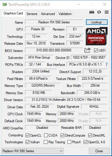 RX 590 XFX FATBOY OC+ 8GB 1565MHz GDDR5