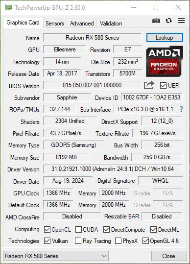 RX 580 SAPPHIRE PULSE 8GB 2304SP OC GDDR5